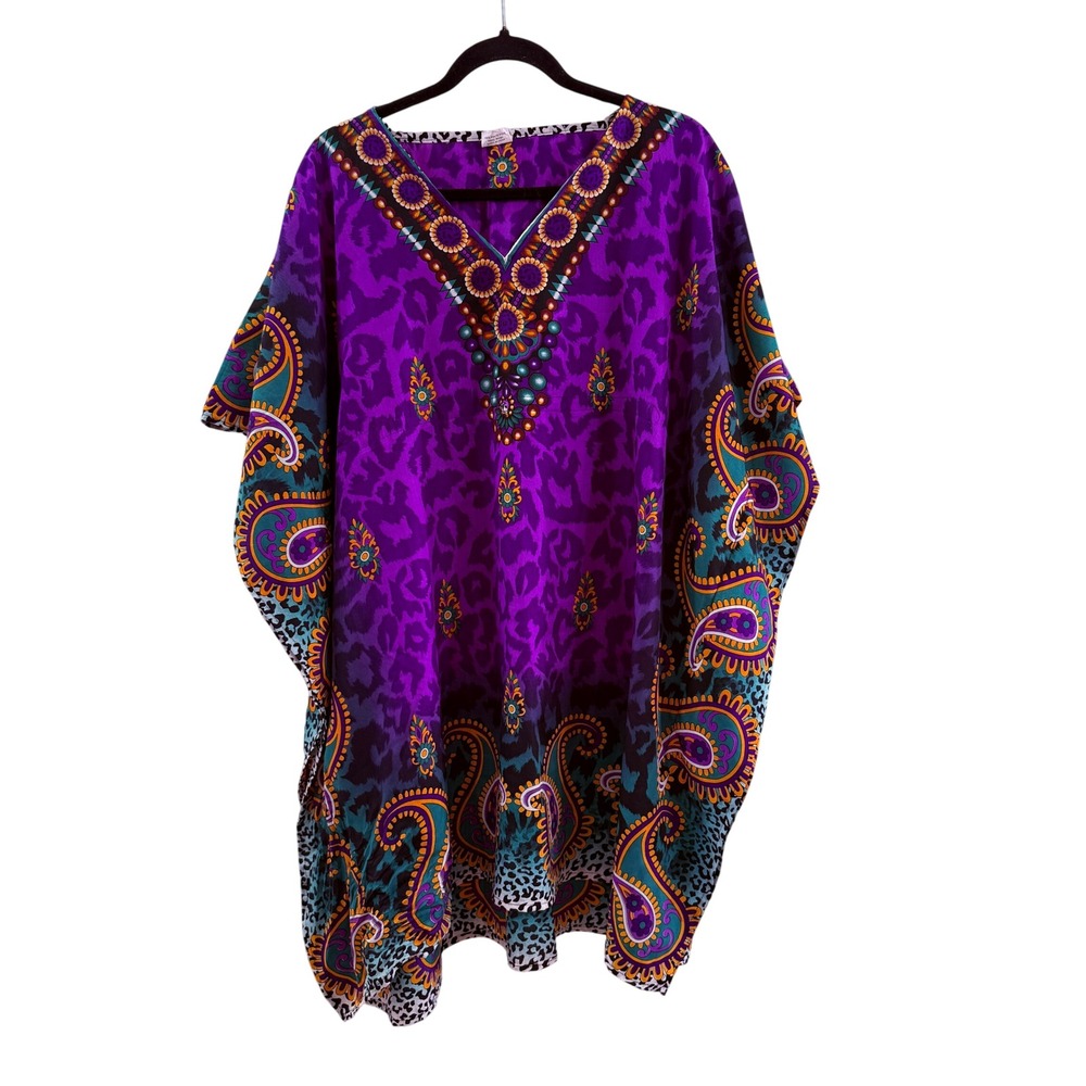 Kohinoor Purple Leopard Paisley Kaftan V-Neck Side Slit One Size Boho Resort